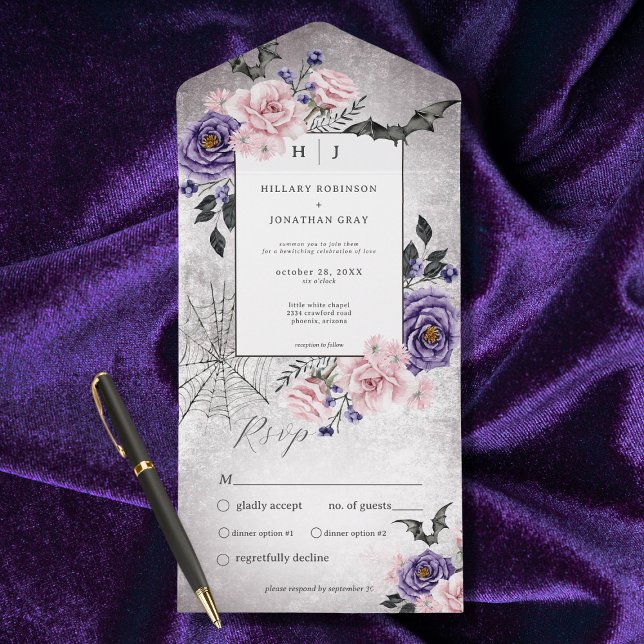 Rustic Gothic Pink & Purple Halloween Dinner    All In One Invitation (Also available with a QR code or without dinner selection options.)