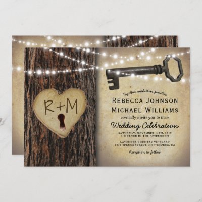 Rustic Gothic Skeleton Key & Tree Heart Wedding Invitation