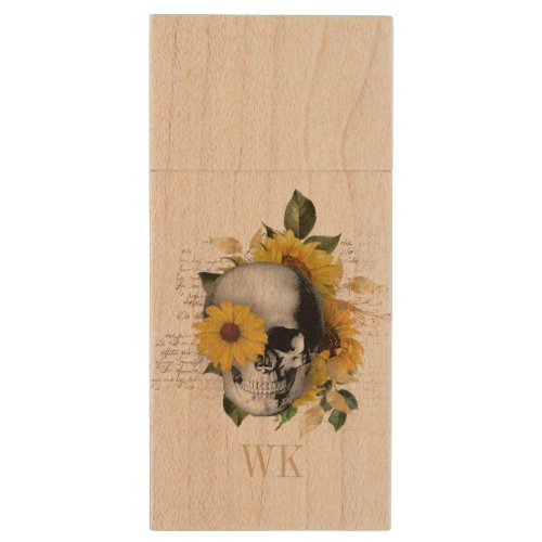 Rustic Gothic Sunflower Skull Monogram Wood Flash Drive