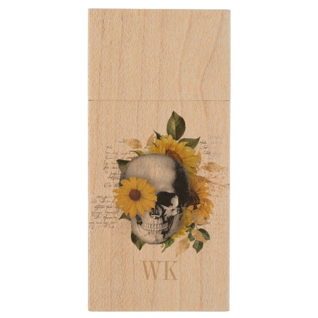 Rustic Gothic Sunflower Skull Monogram Wood Flash Drive (Back (Vertical))