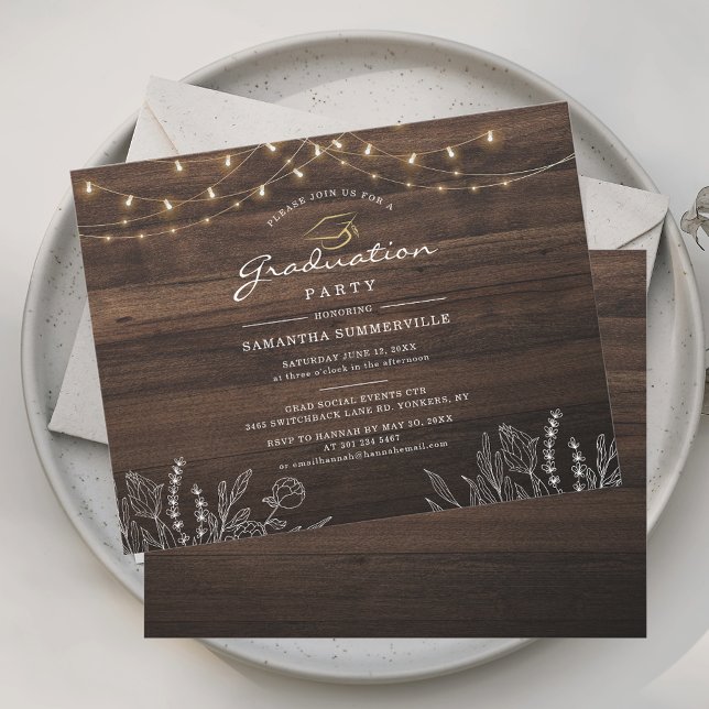 Rustic Grad 2026 Graduation Party Botanical Invitation (Graduation Rustic Wood Look String Lights 2025 Grad Party Invitation)