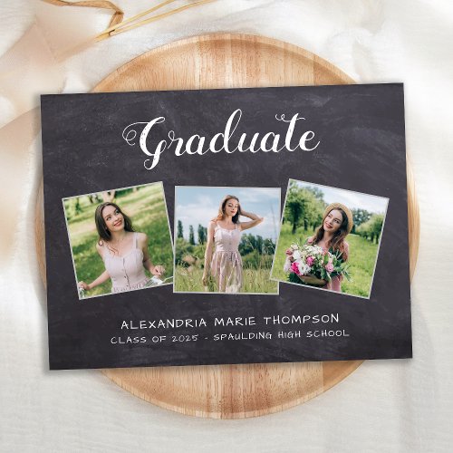 Rustic Graduate Custom 3 Photo Slate Graduation Announcement Postcard