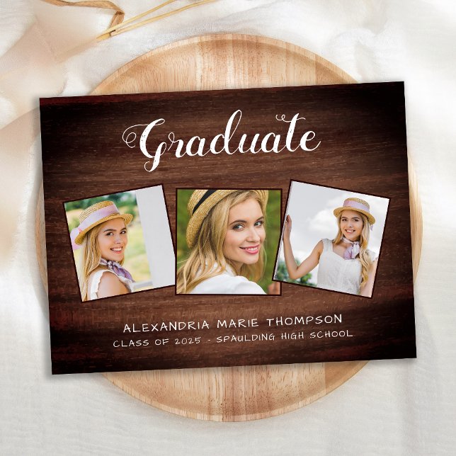 Rustic Graduate Custom 3 Photo Wood Graduation Invitation Postcard (Creator Uploaded)