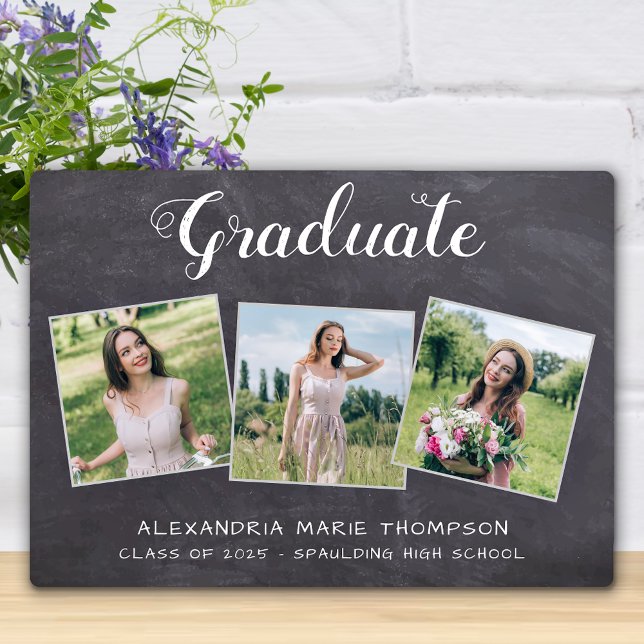 Rustic Graduation 3 Photo Gray Chalkboard Graduate Plaque (Creator Uploaded)