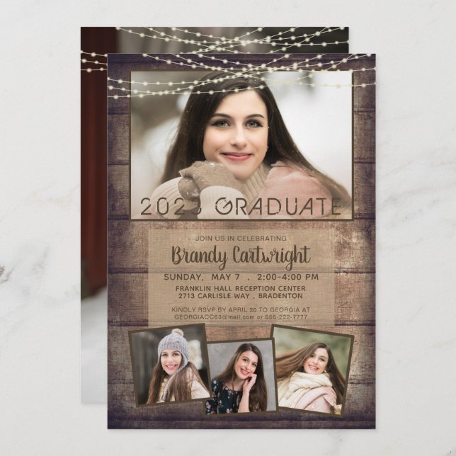 Rustic Graduation 4 Photo Wood String Lights Invitation (Front/Back)