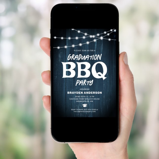 Rustic Graduation BBQ Blue Photo Invitation (Front Digital)