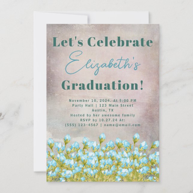 Rustic Graduation Blue Watercolor Flowers  Invitation (Front)