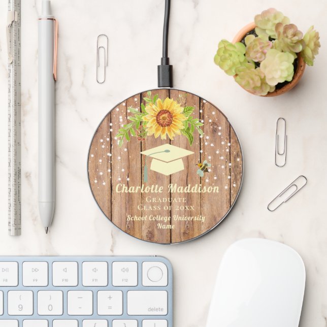 Rustic Graduation Floral Sunflower Personalized Wireless Charger (Desk)