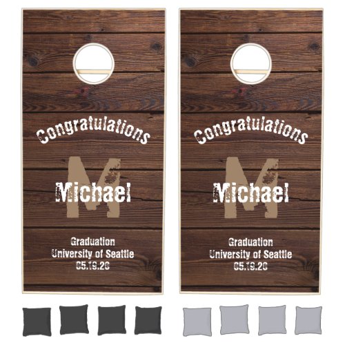 Rustic Graduation Monogram Name Dark Wood Cornhole Set