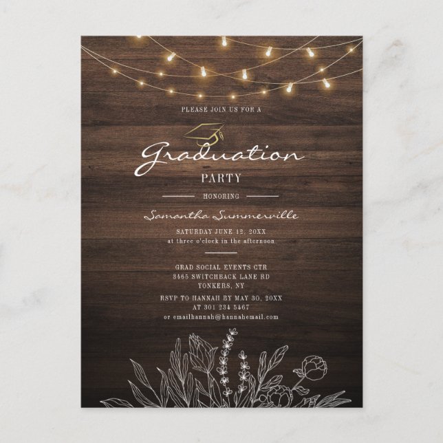 Rustic Graduation Party 2026 String Lights Invitation Postcard (Front)