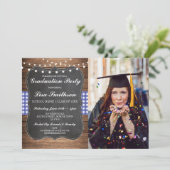 Rustic Graduation Party Blue Check Chalk BBQ Photo Invitation (Standing Front)