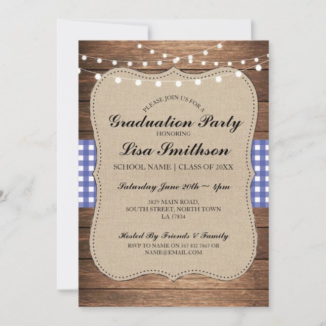 Rustic Graduation Party Blue Check Wood Invite (Front)