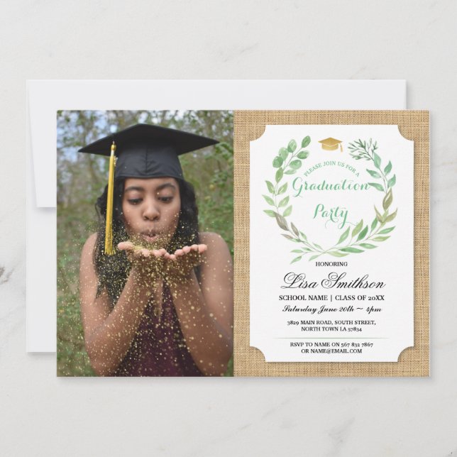 Rustic Graduation Party Burlap Leaf Wreath Photo Invitation (Front)