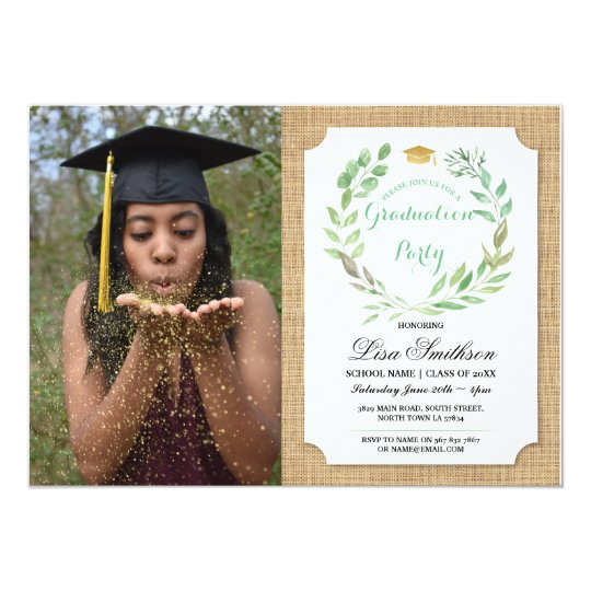 Rustic Graduation Party Burlap Leaf Wreath Photo Invitation | Zazzle.com