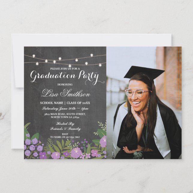 Rustic Graduation Party Chalk Lilac Flowers Photo Invitation (Front)