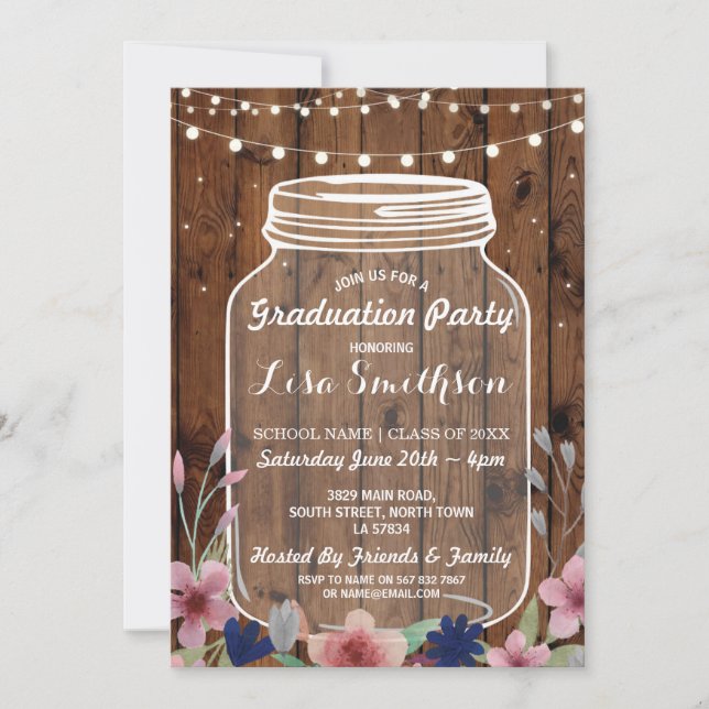 Rustic Graduation Party Jar Wood Flowers Invite (Front)