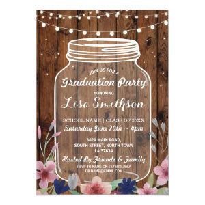 Rustic Graduation Party Jar Wood Flowers Invite