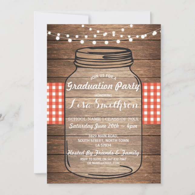 Rustic Graduation Party Jar Wood Red Gingham Invitation (Front)