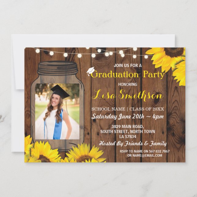 Rustic Graduation Party Jar Wood Sunflower Photo Invitation (Front)