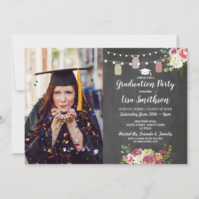 Rustic Graduation Party Jars Chalk Flowers Photo Invitation (Front)