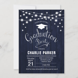 Rustic Graduation Party Navy Blue Wood Pattern Invitation