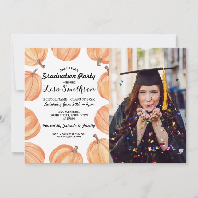 Rustic Graduation Party Pumpkin Watercolor Photo Invitation (Front)