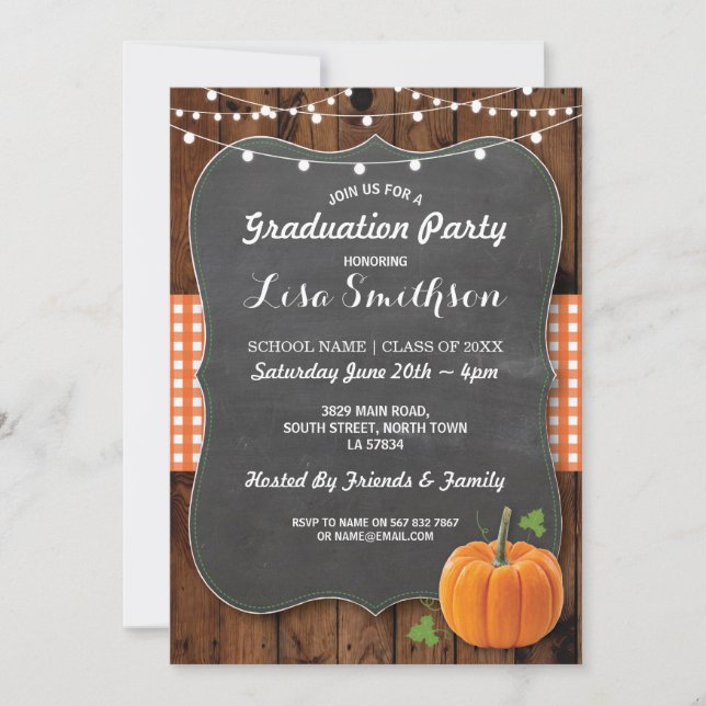 Rustic Graduation Party Pumpkin Wood Chalk Fall Invitation (Front)