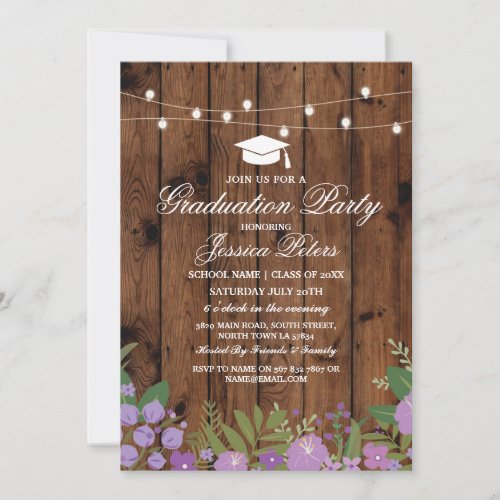 Rustic Graduation Party Purple Floral Wood Invite