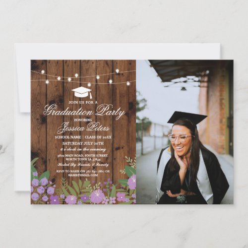 Rustic Graduation Party Purple Floral Wood Photo Invitation