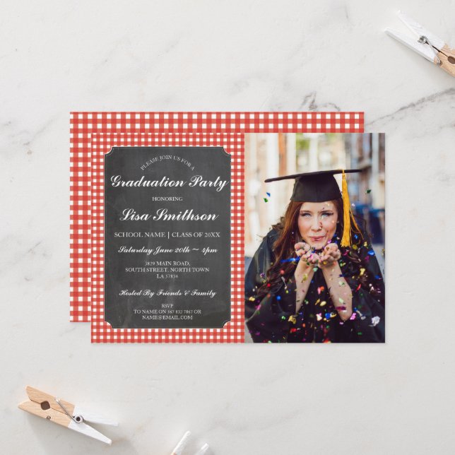 Rustic Graduation Party Red Check Chalk BBQ Photo Invitation | Zazzle