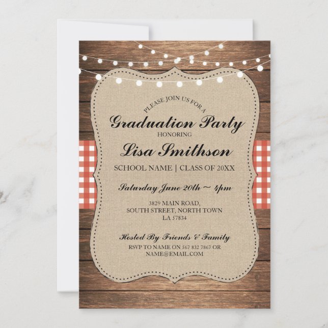 Rustic Graduation Party Red Check Wood Invite (Front)