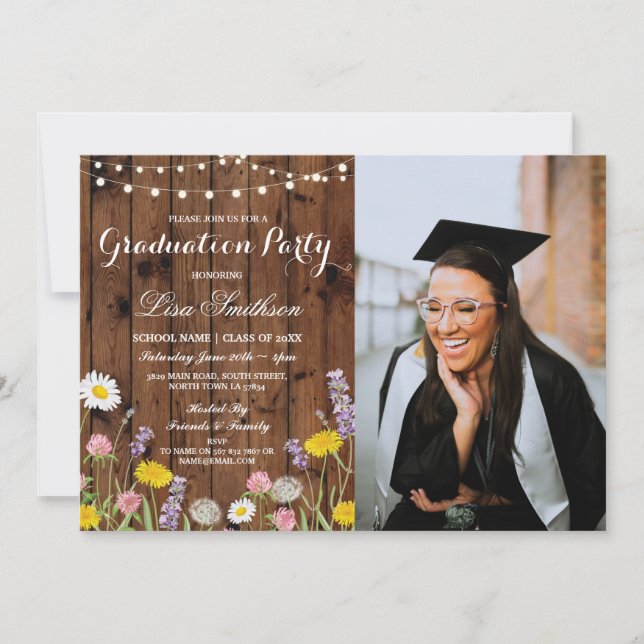 Rustic Graduation Party Wild Flowers Floral Photo Invitation (Front)