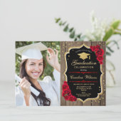 Rustic Graduation Party With Photo - Wood Roses Invitation (Standing Front)