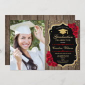 Rustic Graduation Party With Photo - Wood Roses Invitation (Front/Back)