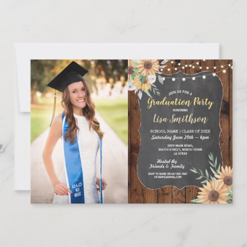 Rustic Graduation Party Wood Sunflower Chalk Invitation