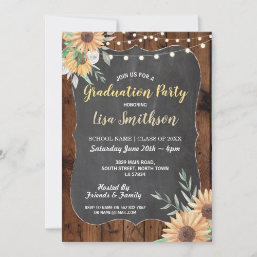 Rustic Graduation Party Wood Sunflower Invite