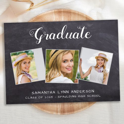 Rustic Graduation Personalized 3 Photo Chalkboard Invitation