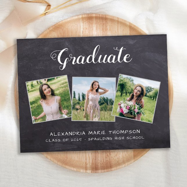 Rustic Graduation Personalized 3 Photo Chalkboard Invitation Postcard (Creator Uploaded)