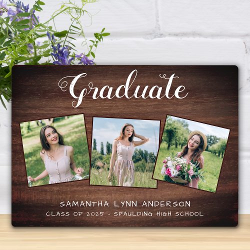 Rustic Graduation Personalized 3 Photo Graduate  Plaque