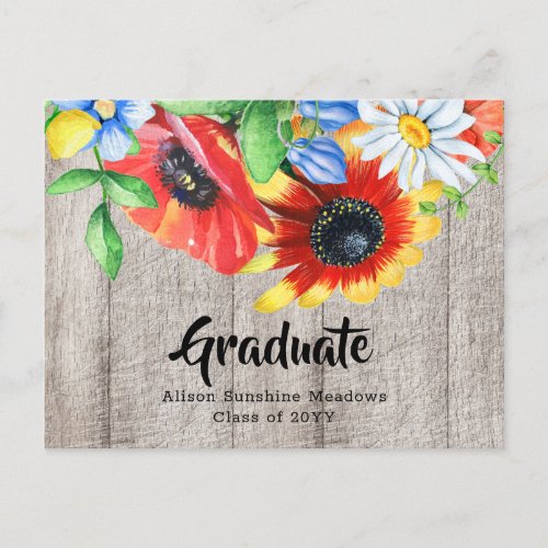 Rustic Graduation Watercolor Wildflowers Floral Announcement Postcard
