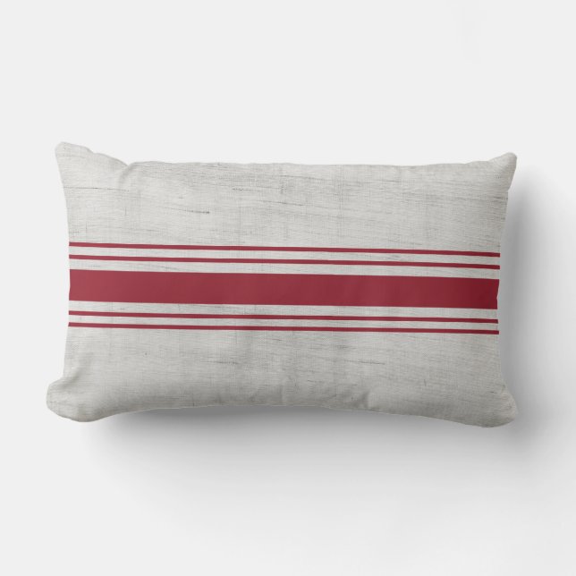 Rustic Grain Sack Dark Red  Horizontal Stripes Lumbar Pillow (Front)