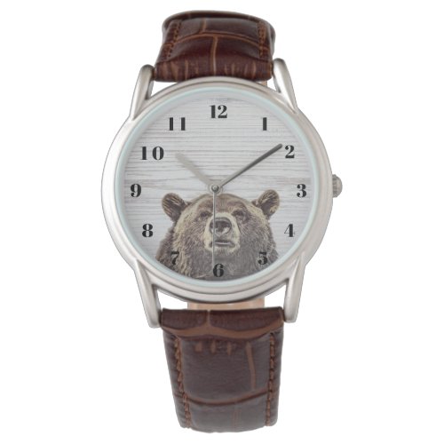 Rustic Grain Wood Peeking Bear Mens Watch