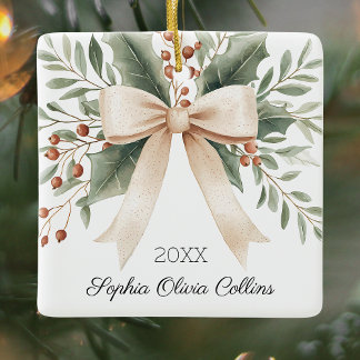 Rustic Grandchild's First Christmas Watercolor Bow Ceramic Ornament