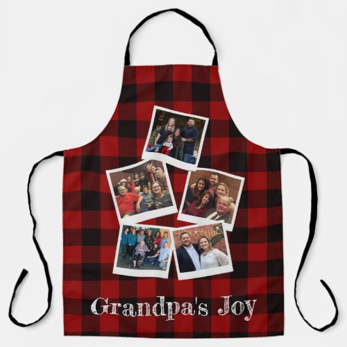 Rustic Grandpas Joy 5 Photo Collage Buffalo Plaid Apron