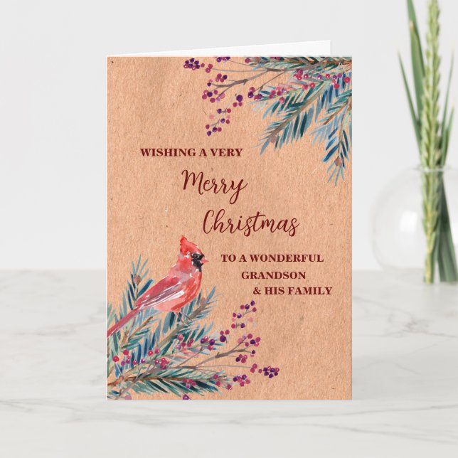 Rustic Grandson & Family Merry Christmas Card (Front)