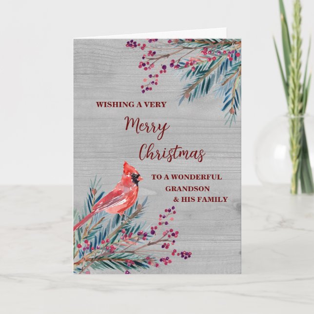 Rustic Grandson & Family Merry Christmas Card (Front)