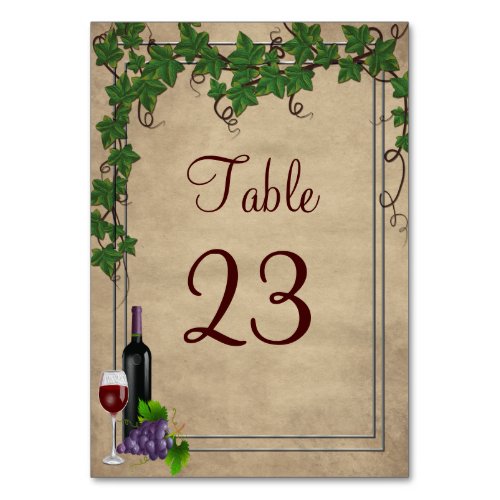 Rustic Grape Vines Wine Wedding Reception Table Number