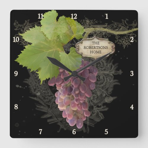 Rustic Grapes on Vine Vintage Personalized Name Square Wall Clock