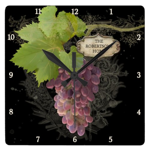 Rustic Grapes on Vine Vintage Personalized Name Square Wall Clocks