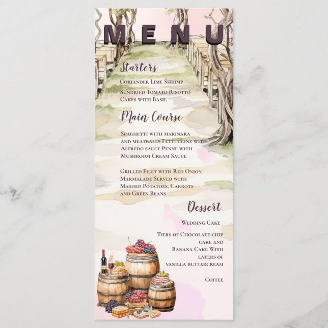 Rustic Grapevine-Inspired Winery Wedding Party Menu (Front)